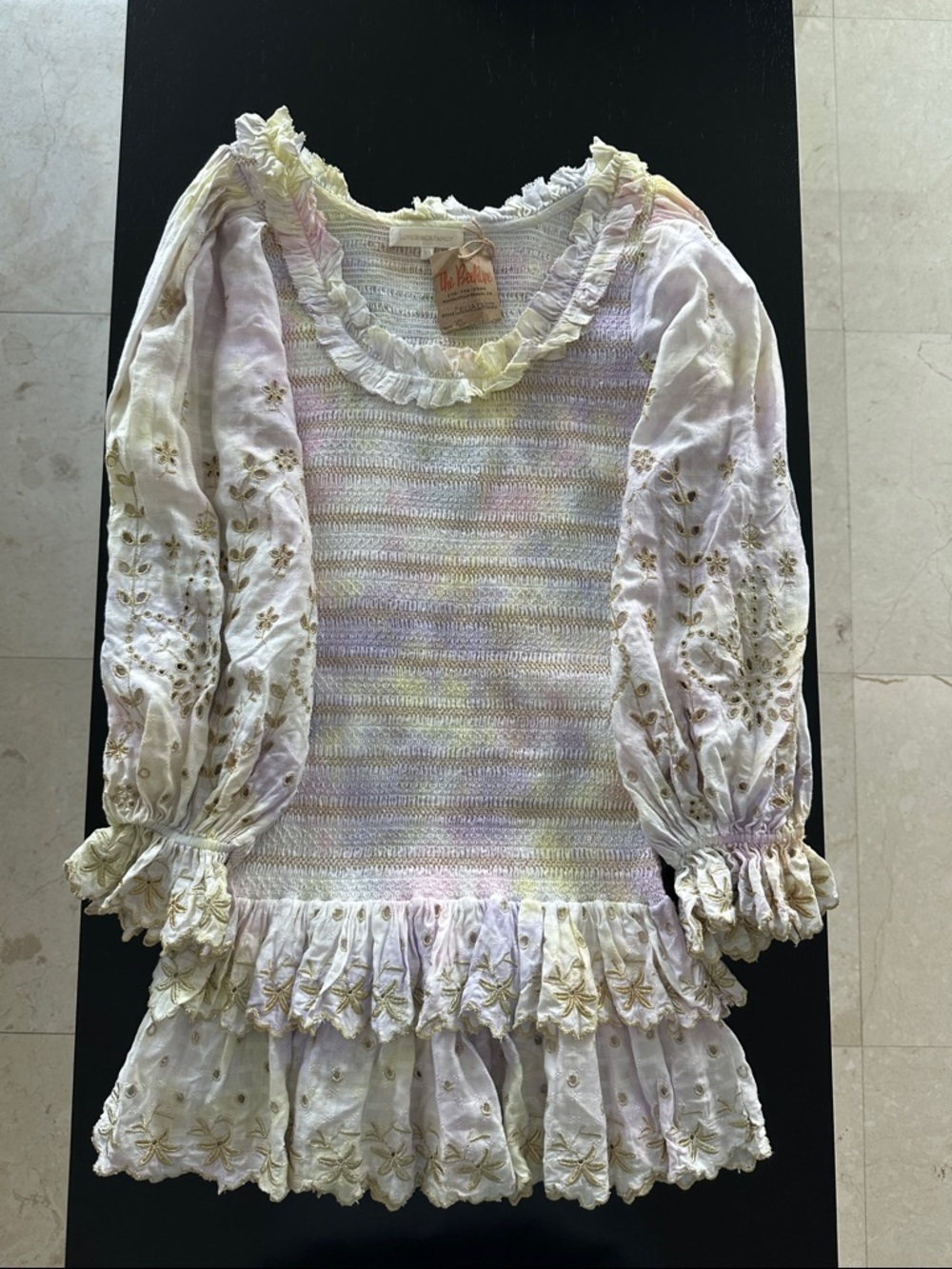 LoveShackFancy Pastel Knit Mini Dress with Gold Floral Embroidery - Picture 3 of 6
